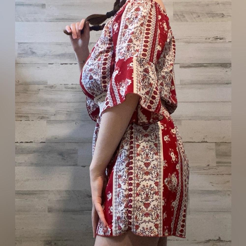 Rue21 Red Floral Off-Shoulder Romper with Crochet Waist - Picture 11 of 12